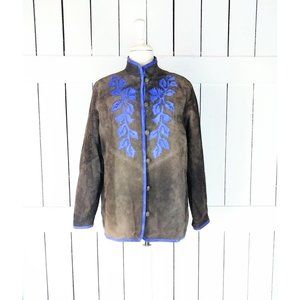 Vintage brown/blue suede leather jacket/floral embroidered mid length suede coat